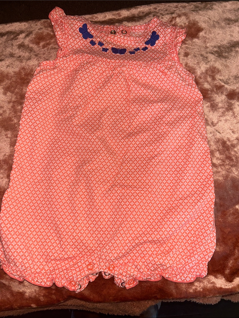 Carter's Coral Pink Bubble Romper with Blue Butterfly Accents